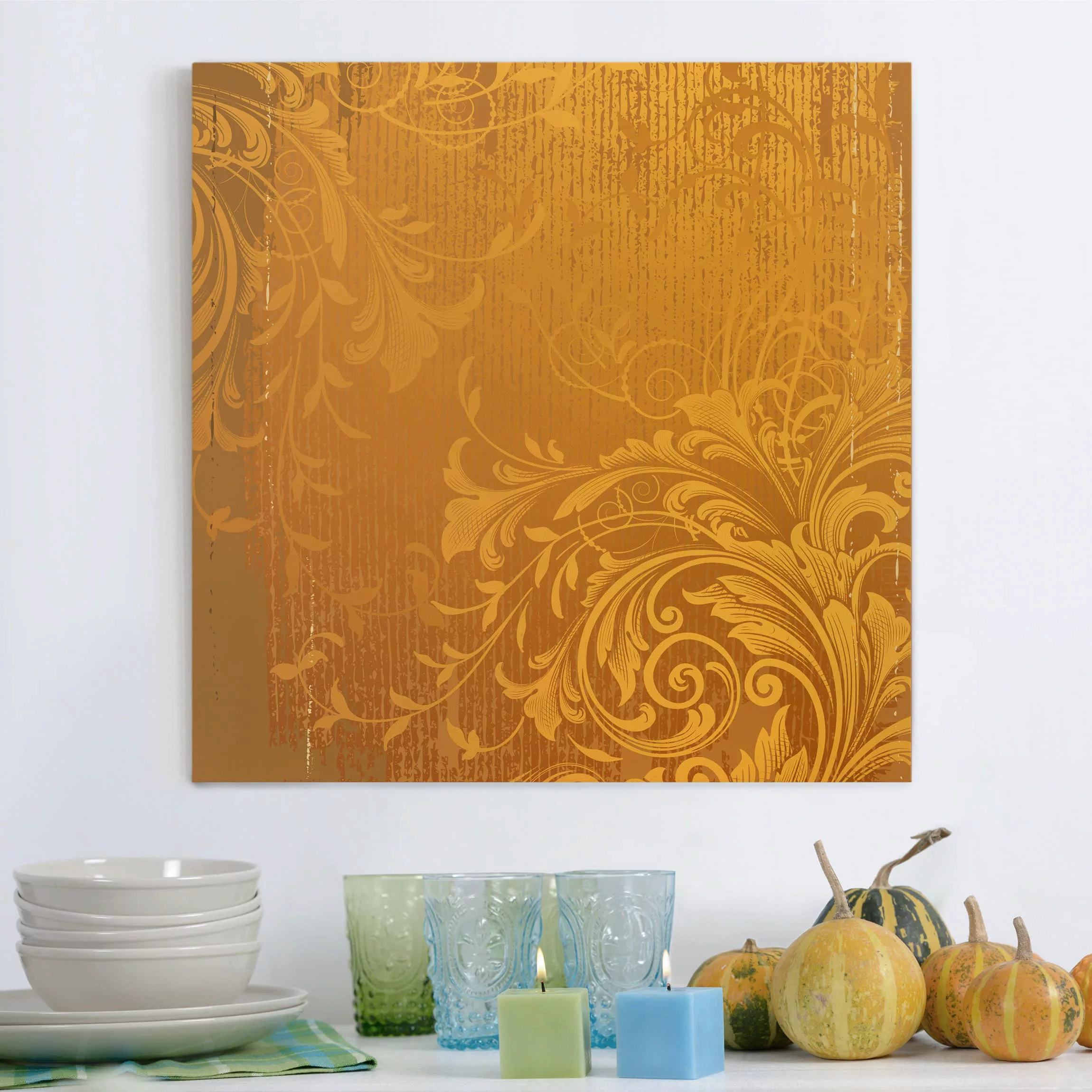 Leinwandbild Muster - Quadrat Goldene Flora günstig online kaufen