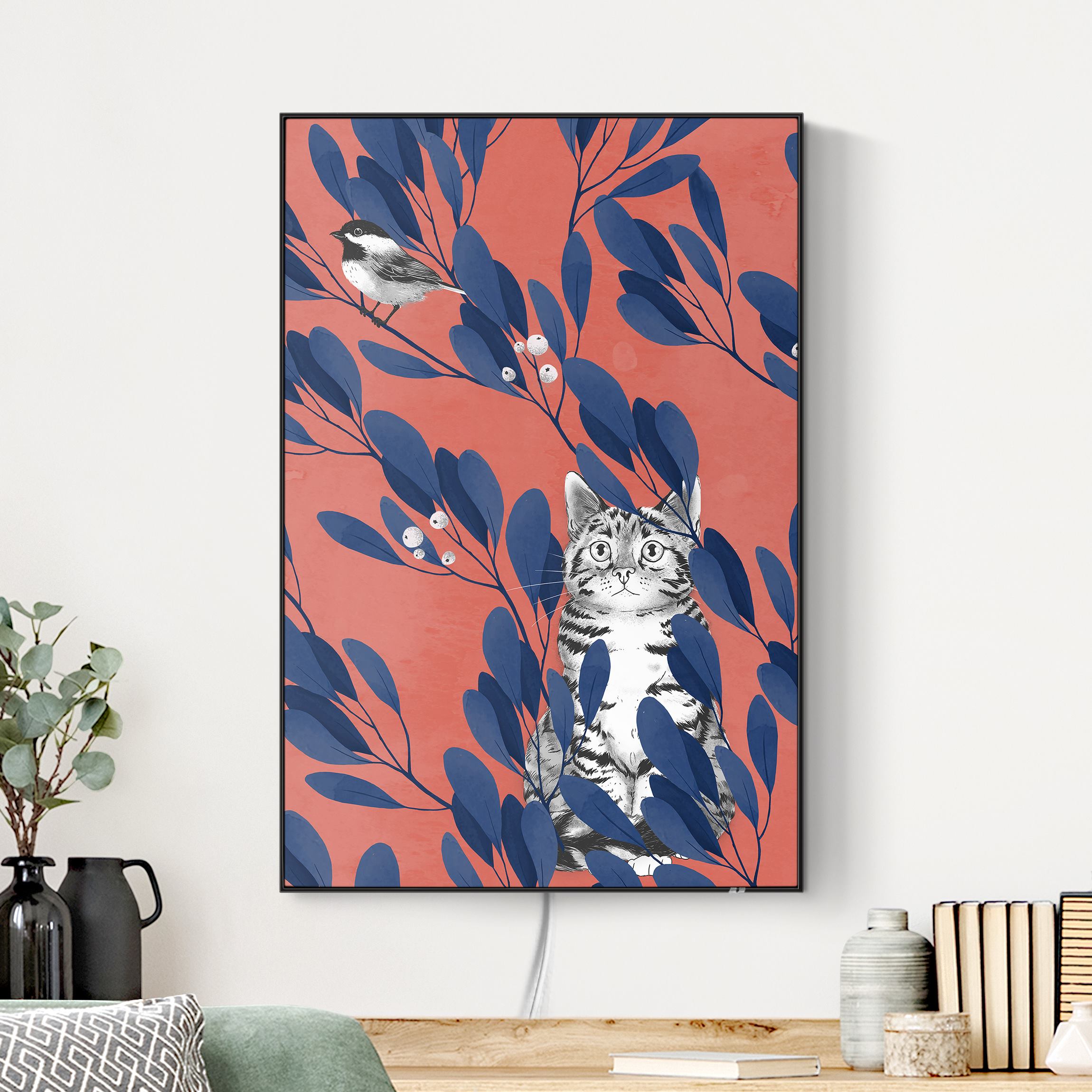 LED-Wechselbild Illustration Katze und Vogel auf Ast Blau Rot günstig online kaufen