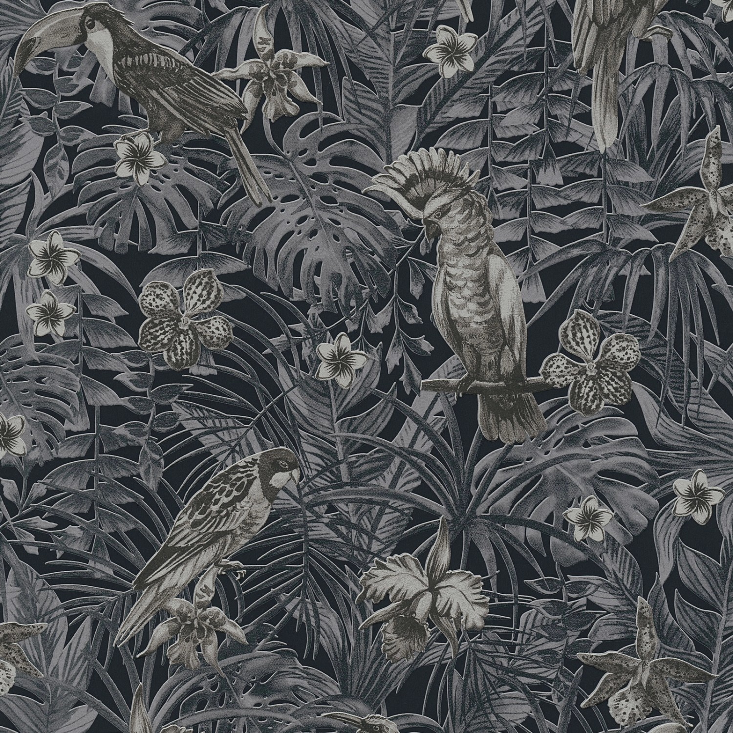 Bricoflor anthrazit Tapete mit Palmenblättern Dschungel Vliestapete mit Vog günstig online kaufen