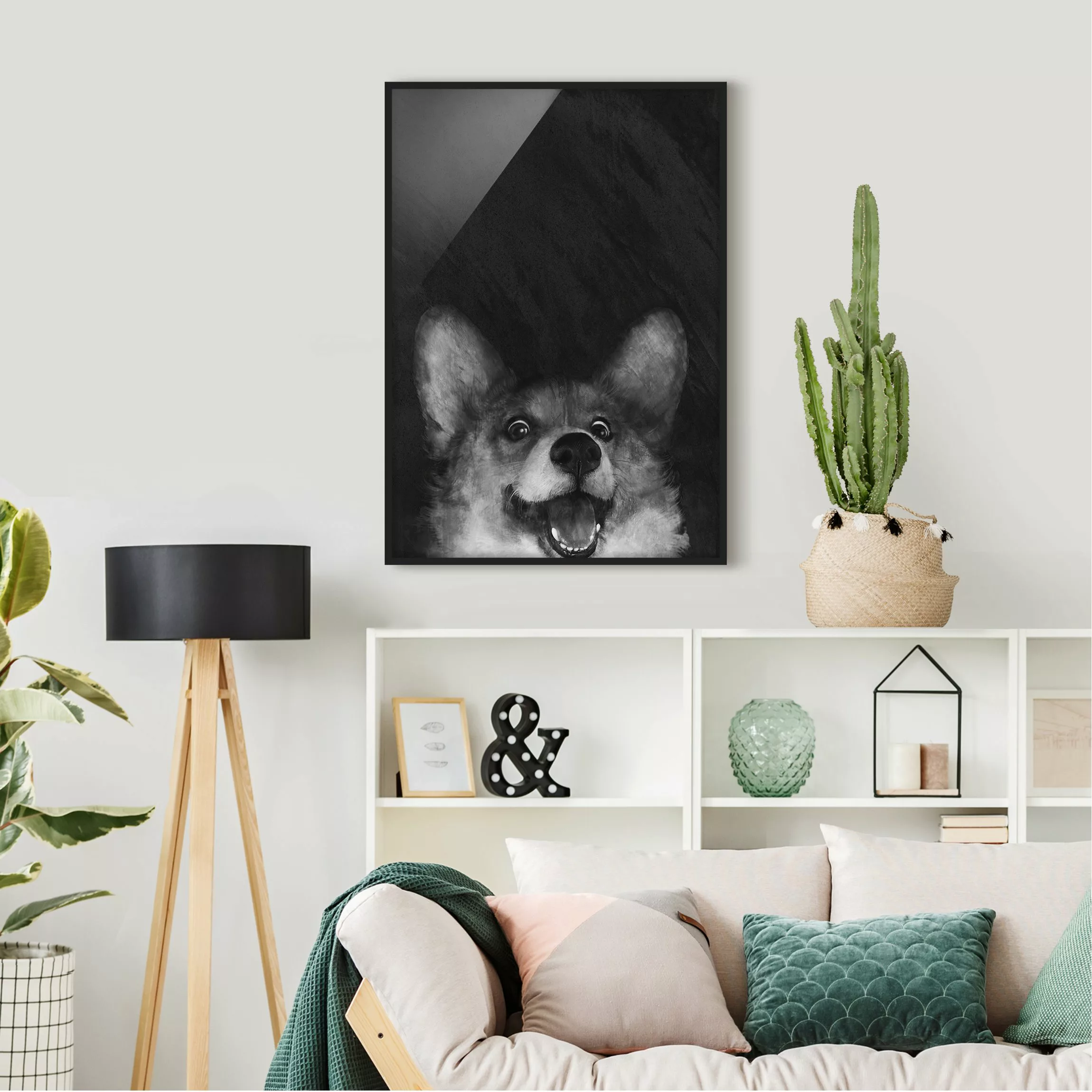 Bild mit Rahmen Tiere - Hochformat Illustration Hund Corgi Malerei Schwarz günstig online kaufen