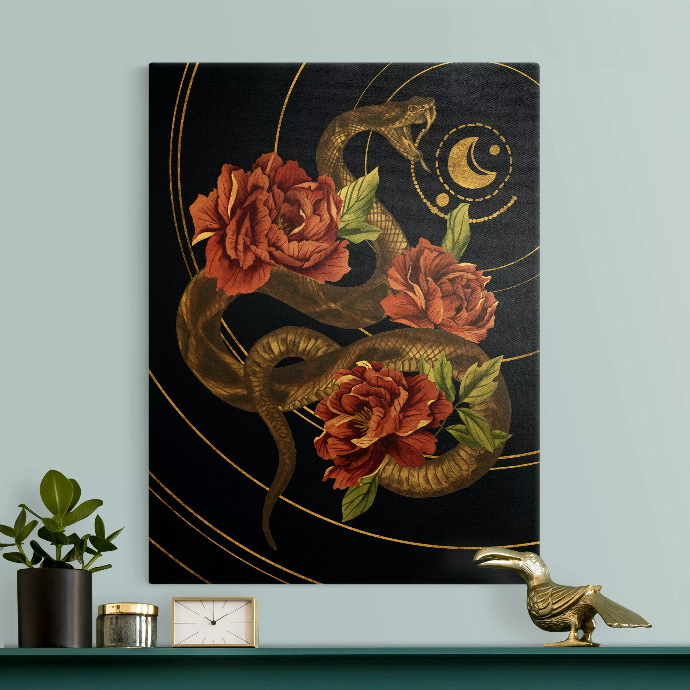 Leinwandbild Gold Schlange mit Rosen Schwarz und Gold II günstig online kaufen