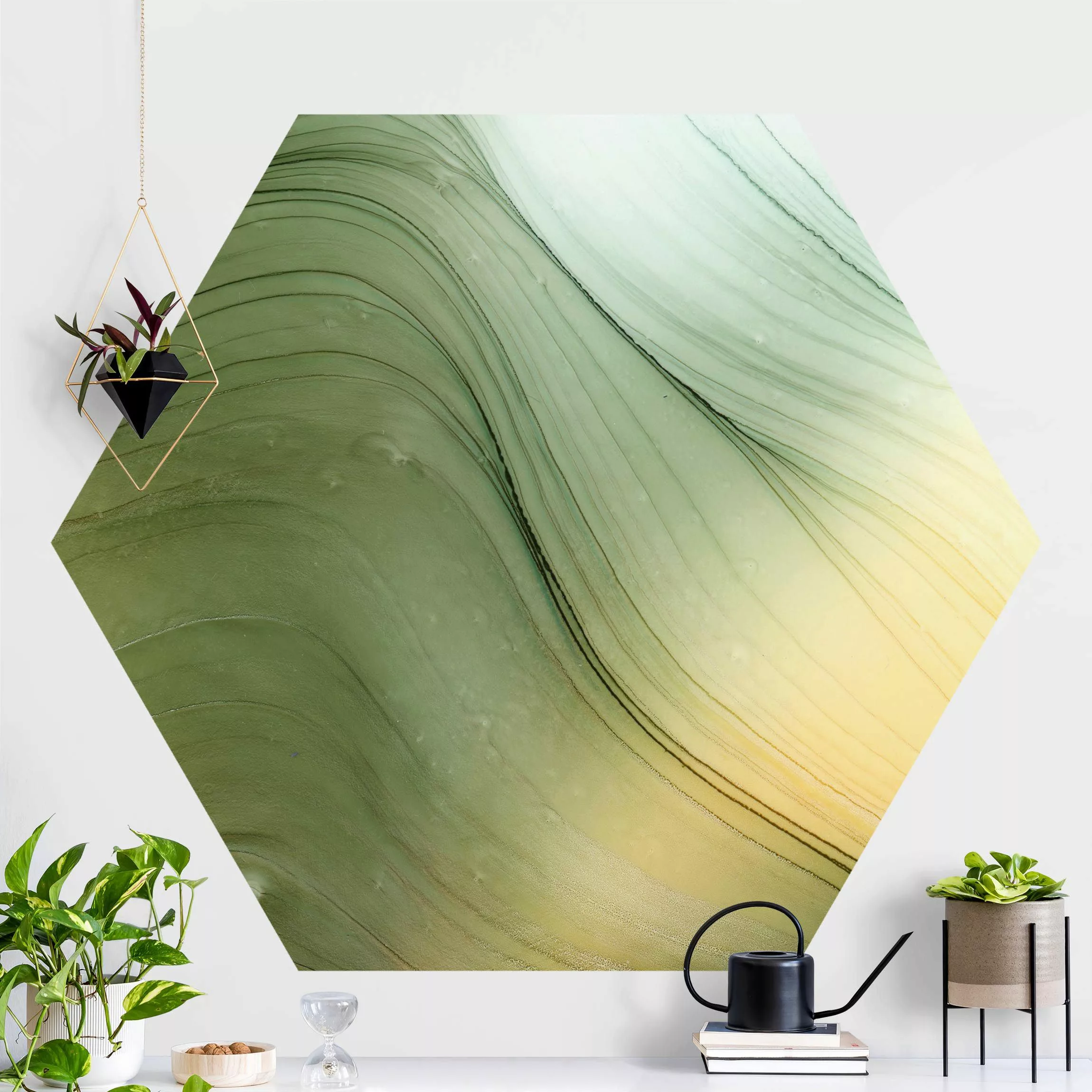 Hexagon Fototapete selbstklebend Meliertes Grün mit Honig günstig online kaufen