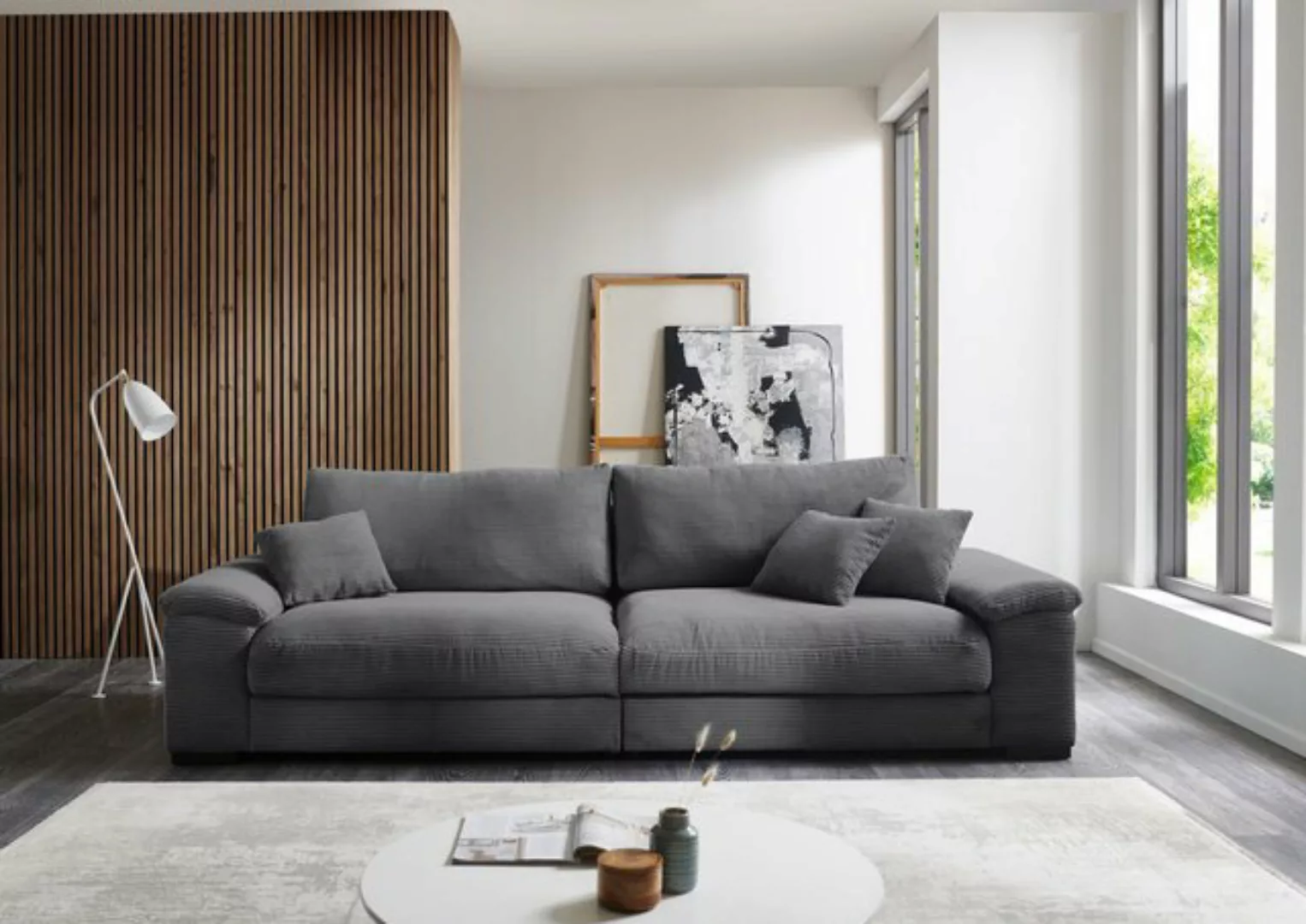 Iwaniccy Big-Sofa 5 Kissen, Daune, weicher Cord Stoff dunkelgrau - 288x90x1 günstig online kaufen