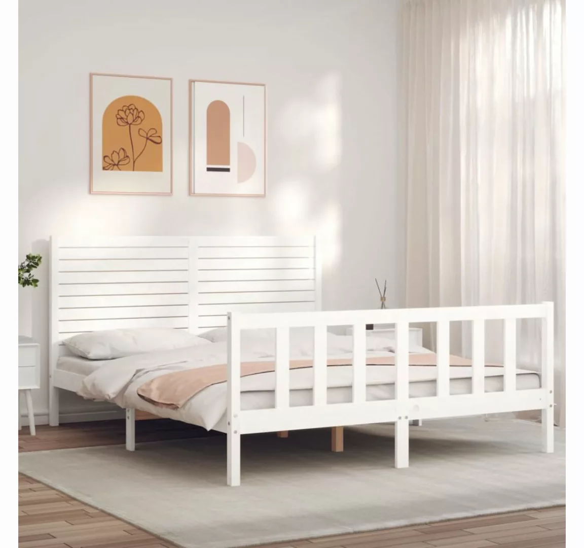 vidaXL Bettgestell Massivholzbett mit Kopfteil Weiß 160x200 cm Bett Bettges günstig online kaufen