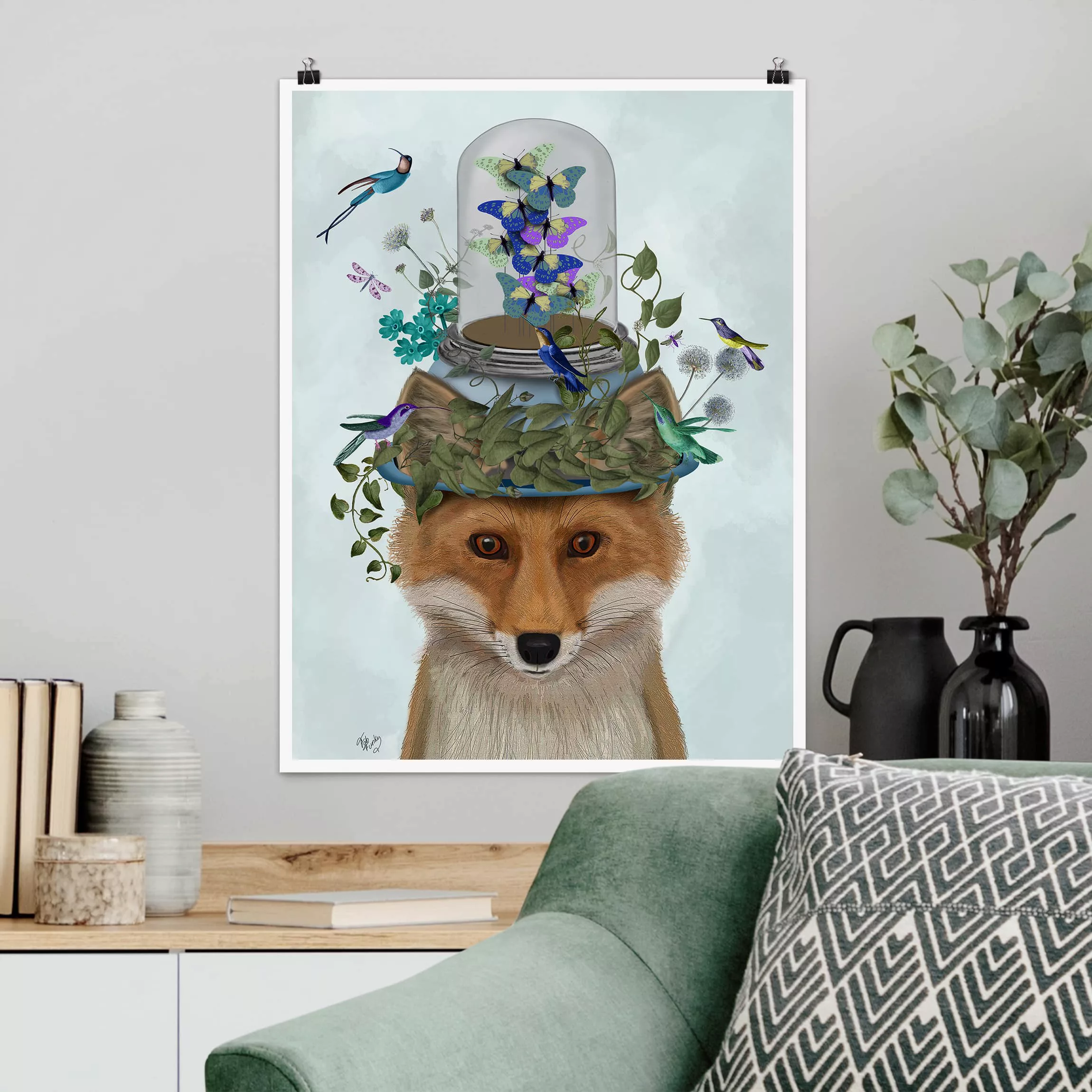 Poster Tiere - Hochformat Fuchs mit Schmetterlingshut günstig online kaufen
