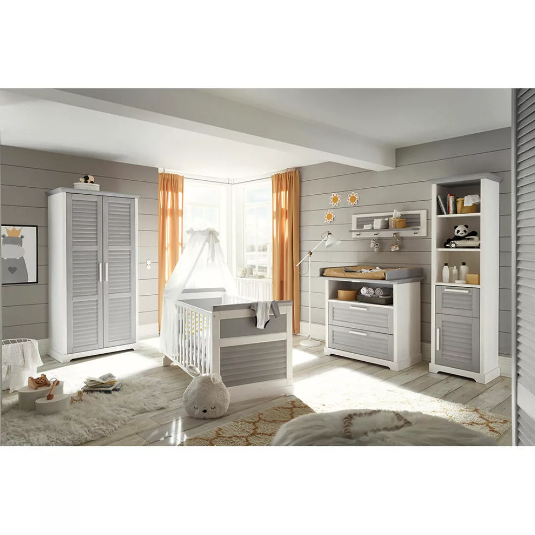 Babyzimmer Komplett Set 5-teilig, Kiefer massiv weiß mit grau AVON-78 günstig online kaufen