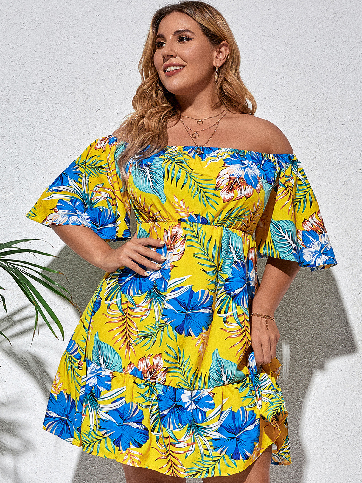 Plus Size Off The Shoulder Tropical Half Sleeves Kleid günstig online kaufen