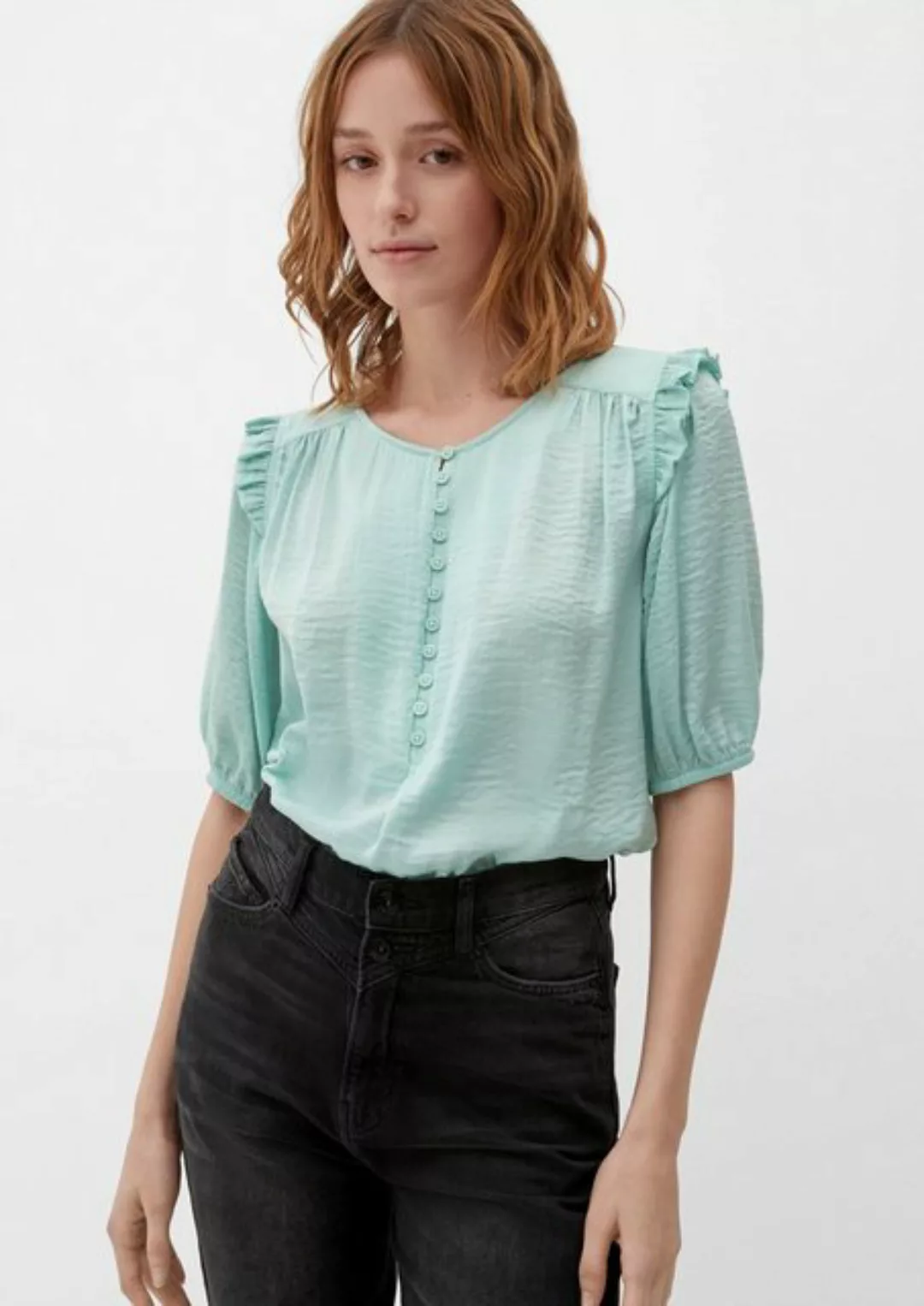 QS Kurzarmbluse Bluse mit Rüschen-Details Raffung, Rüschen günstig online kaufen