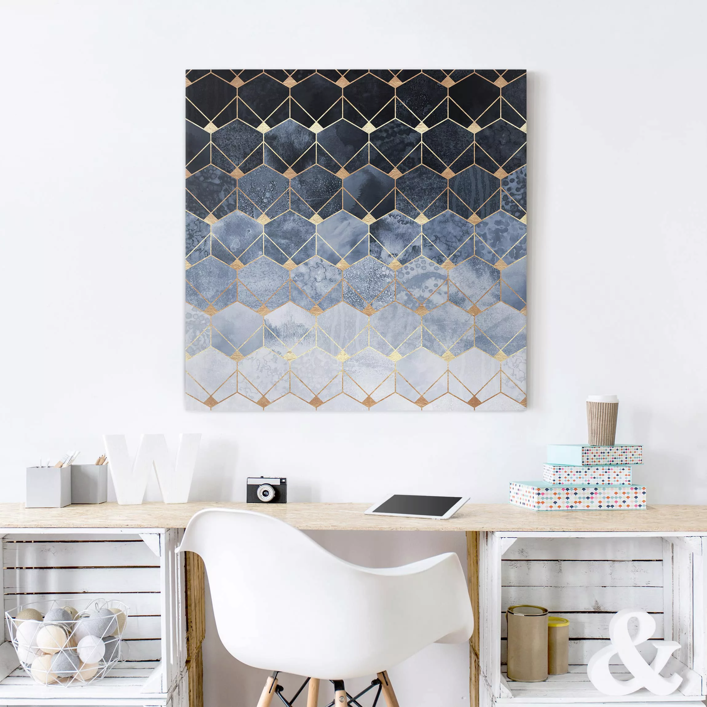 Leinwandbild Abstrakt - Quadrat Blaue Geometrie goldenes Art Deco günstig online kaufen