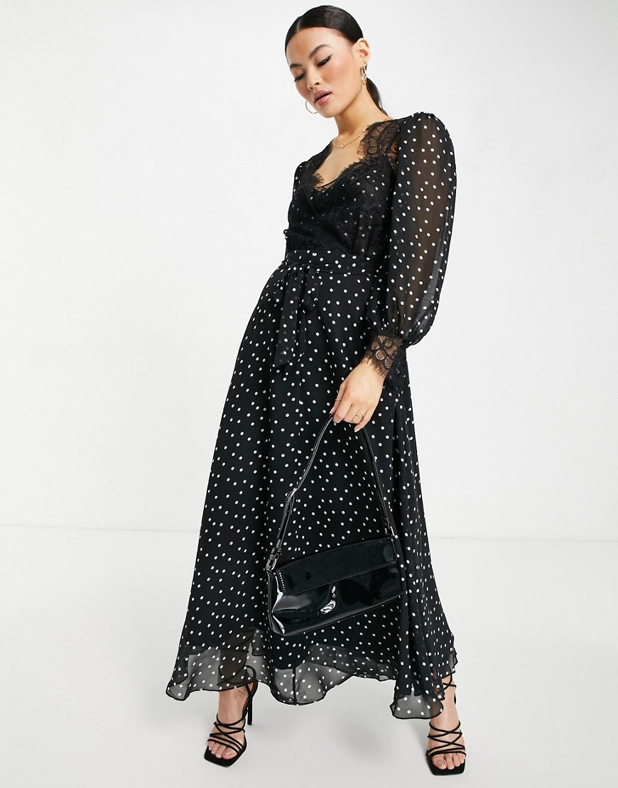 ASOS DESIGN – Weiches Midi-Skater-Kleid mit Pünktchenmuster und Spitzendeta günstig online kaufen