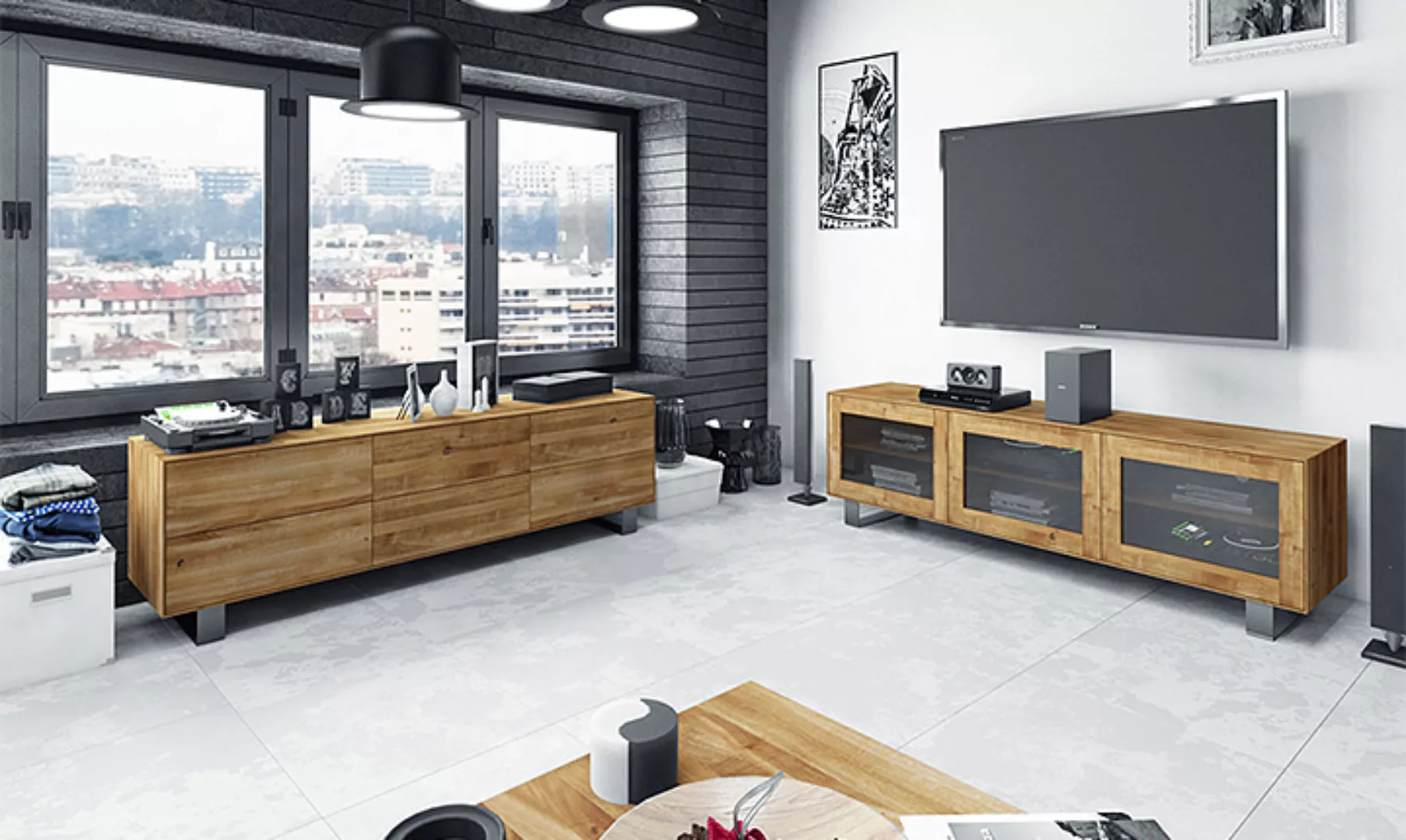 TV-Unterschrank STEEL 3-T Holz massiv günstig online kaufen