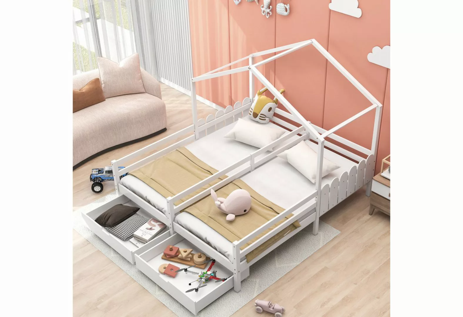 TavilaEcon Kinderbett Hausbett Doppelbett Gitterbett mit 2 MDF-Schubladen, günstig online kaufen
