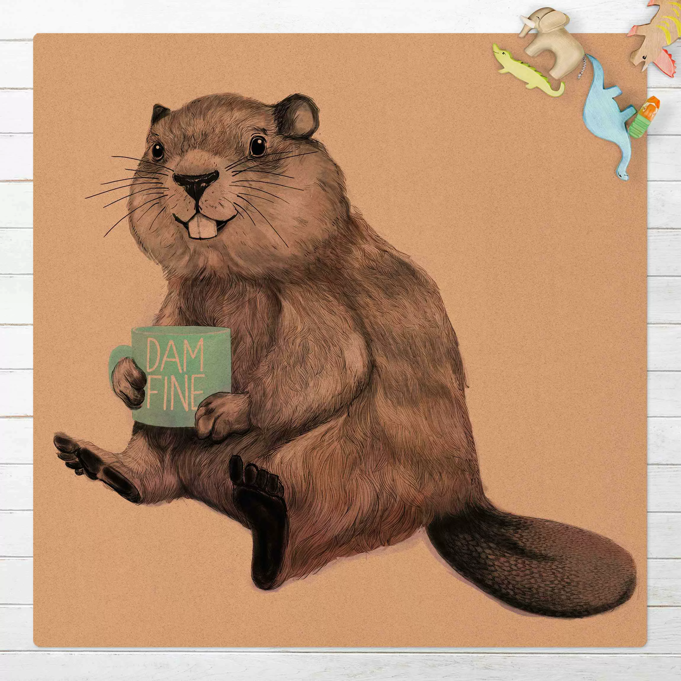 Kork-Teppich Illustration Biber mit Kaffeetasse günstig online kaufen