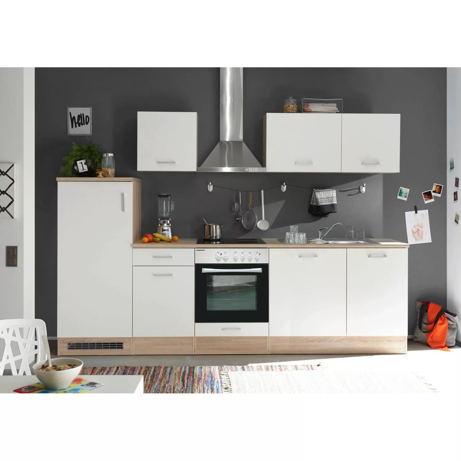 Respekta Küchenzeile KB280ENWPC 280 cm Weiß Eiche-Natura Nachbildung günstig online kaufen