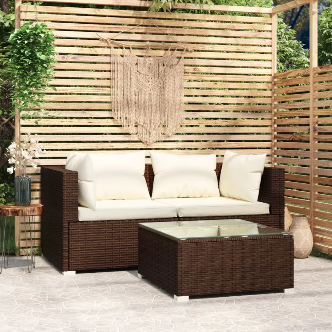 3-tlg. Garten-lounge-set Mit Auflagen Braun Poly Rattan günstig online kaufen