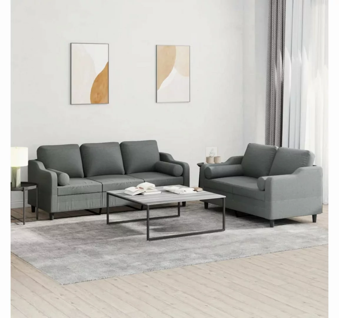 vidaXL Sofa Sofagarnitur Set mit Kissen Stoff, 2-tlg., Dunkelgrau günstig online kaufen