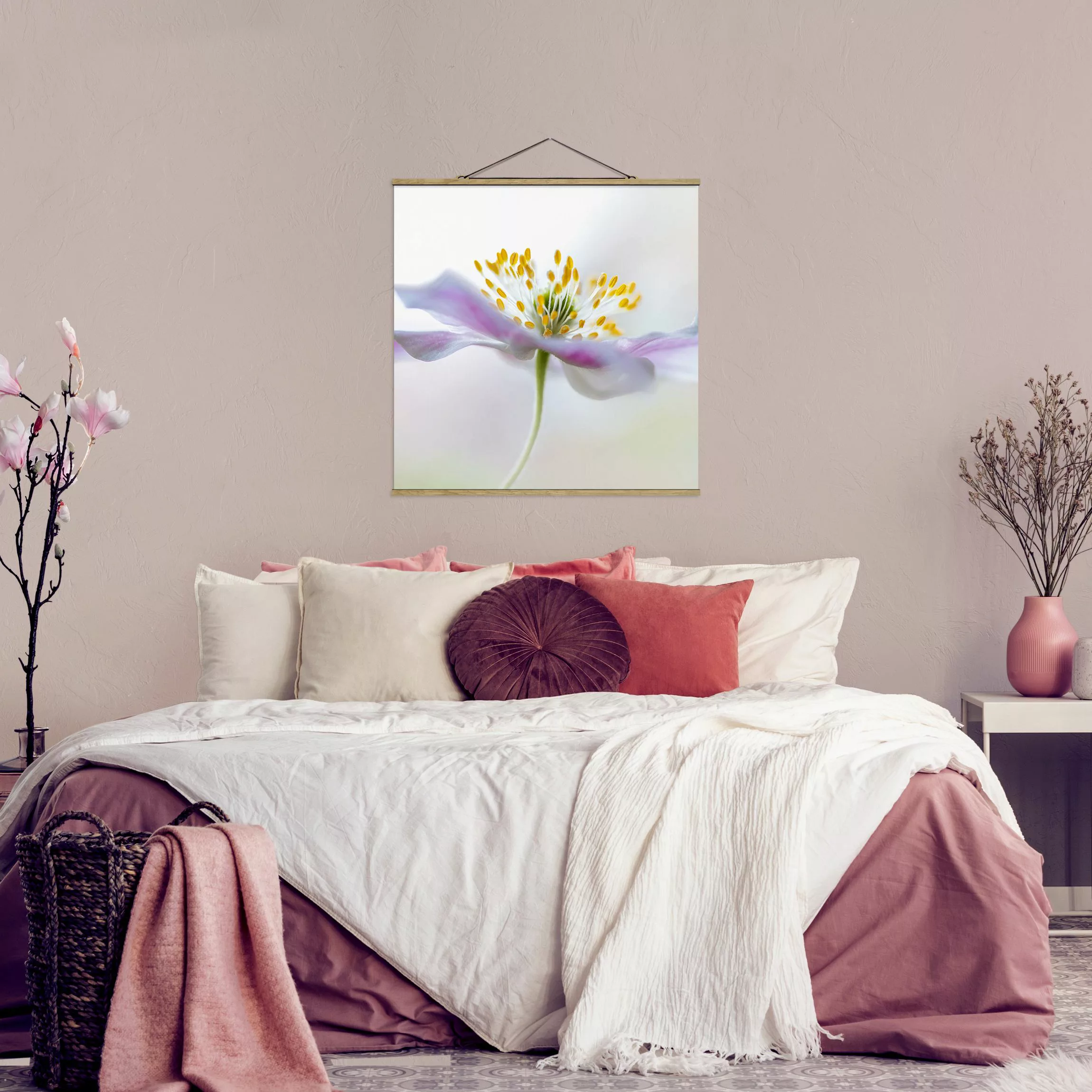 Stoffbild Blumen mit Posterleisten - Quadrat Buschwindröschen in Weiß günstig online kaufen