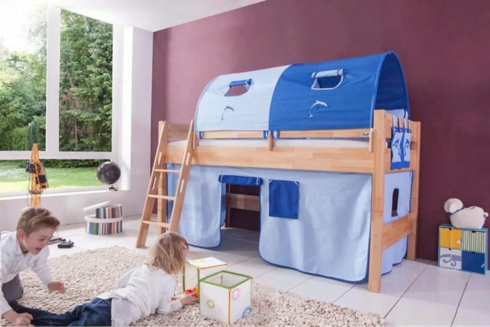 Natur24 Kinderbett Halbhohes Einzelbett Kim Buche lackiert 90x200cm Einzelb günstig online kaufen