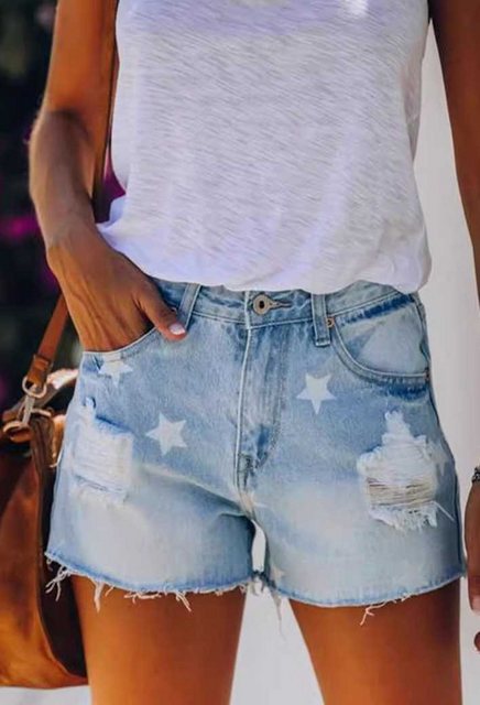SEGUEN Jeansshorts Damen Jeansshorts mit Pentagramm-Druck (Raw Edge Shorts günstig online kaufen