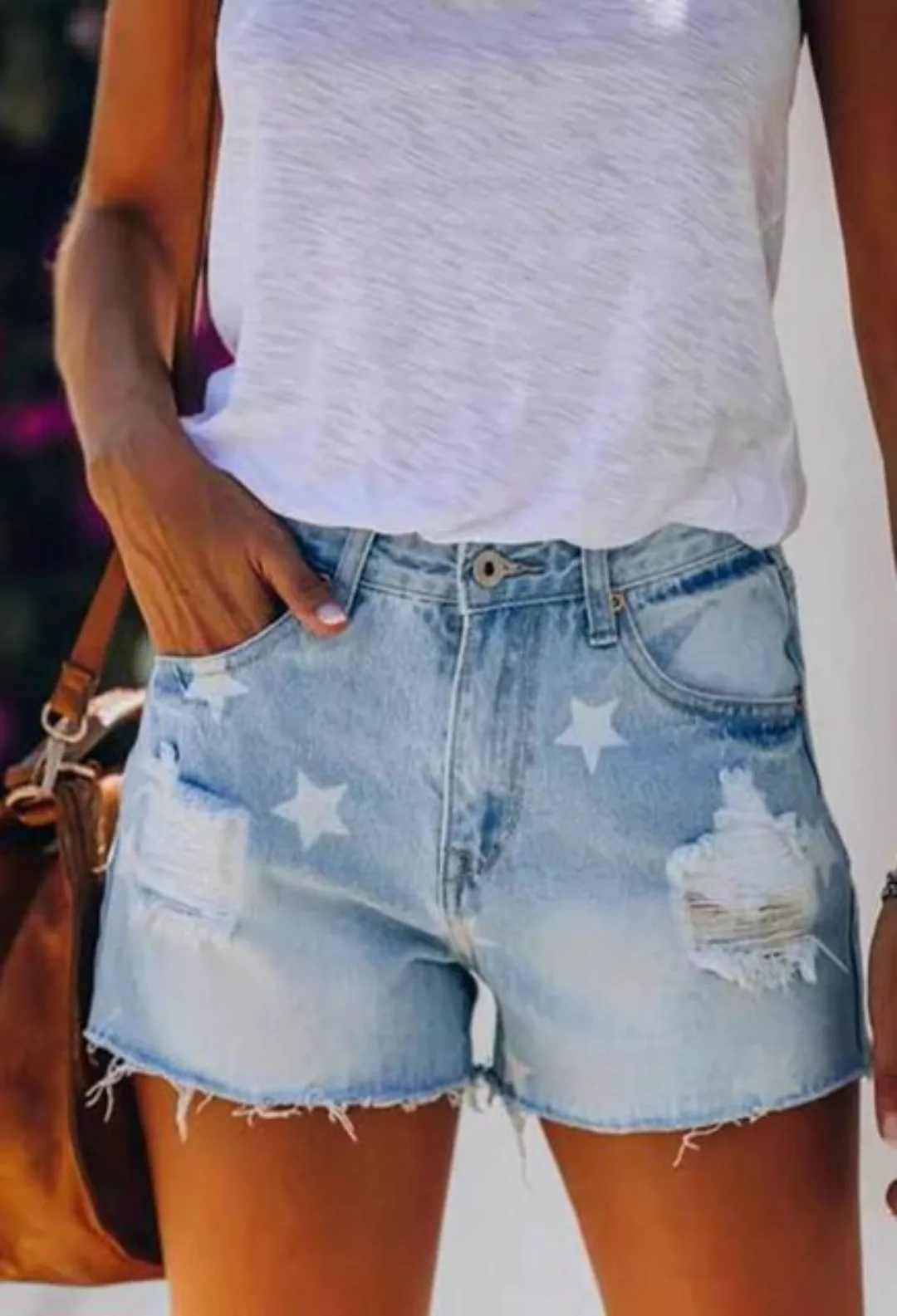 SEGUEN Jeansshorts Damen Jeansshorts mit Pentagramm-Druck (Raw Edge Shorts günstig online kaufen