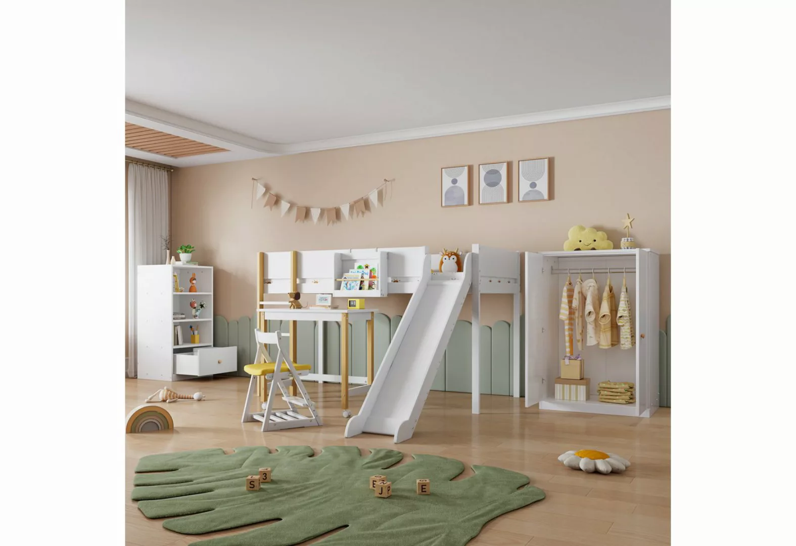 MODFU Kinderbett Hochbett Etagenbett Holzbett (Komplettschlafzimmer Set, 3- günstig online kaufen