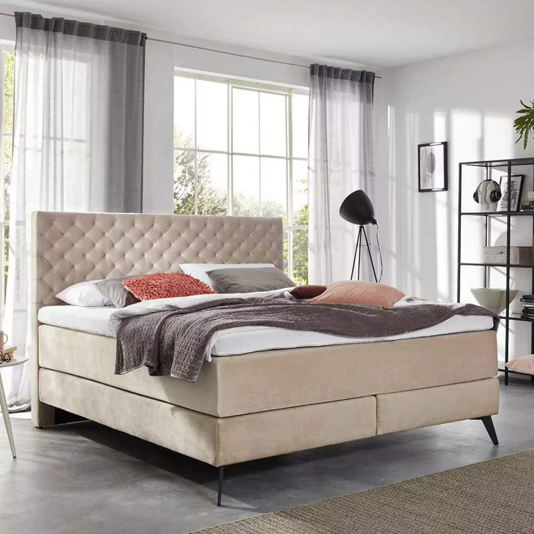 Boxspring Bett aus Samt in Beige Chesterfield Look günstig online kaufen