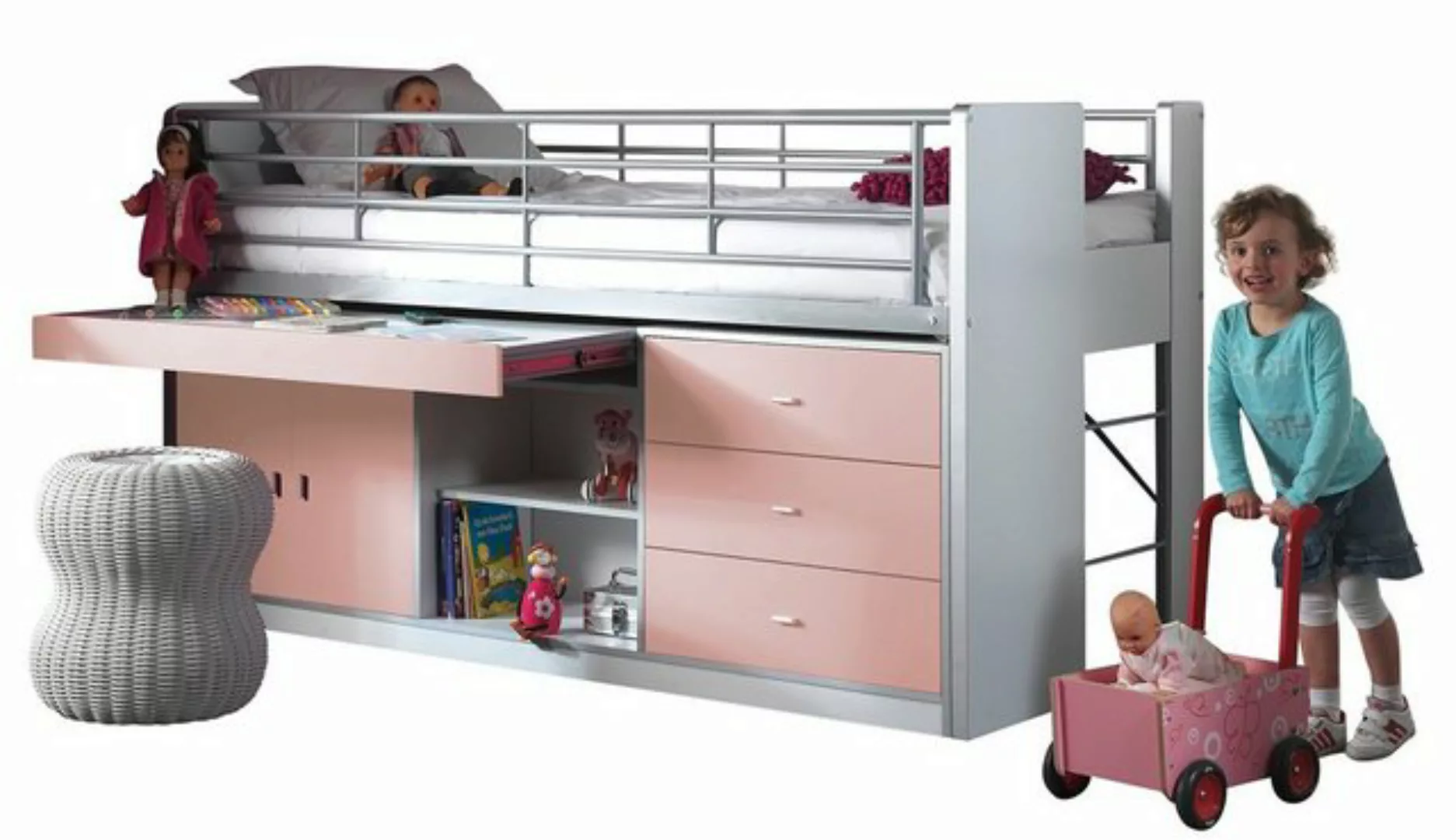 Kindermöbel 24 Hochbett Jax weiß - rosa inkl. Schreibtisch günstig online kaufen