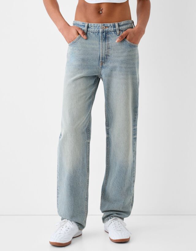 Bershka Straight Fit Jeans Damen 40 Ausgewaschenes Blau günstig online kaufen