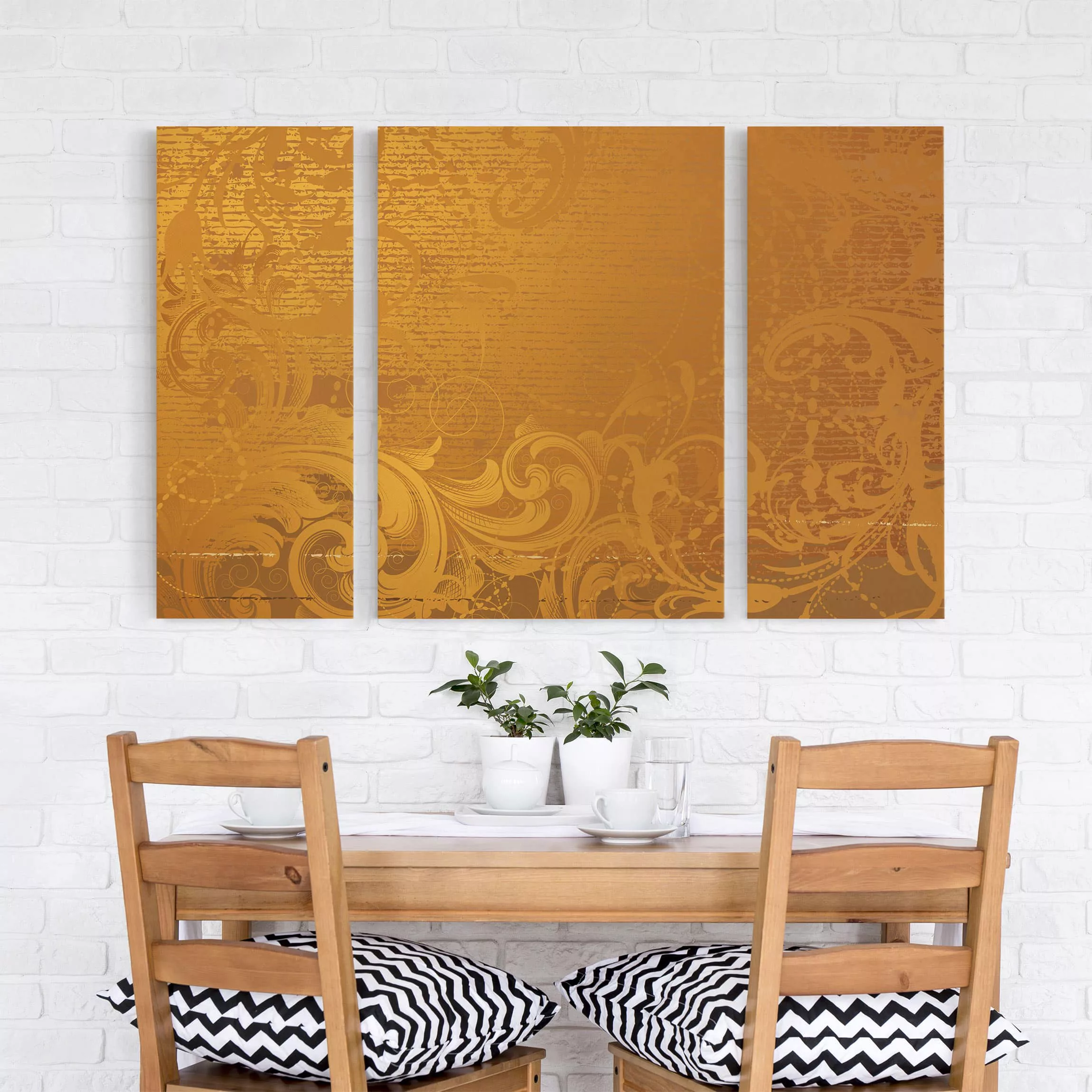 3-teiliges Leinwandbild Muster - Querformat Goldener Barock günstig online kaufen