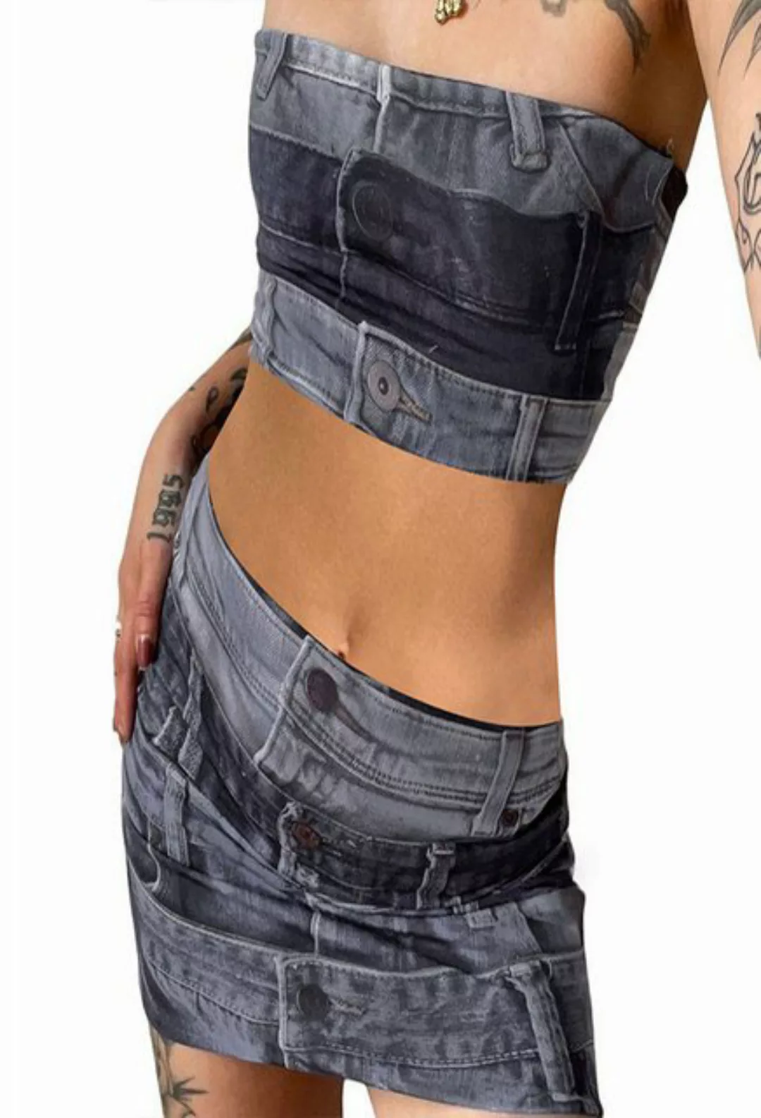SEGUEN Sommerrock Mode Bedruckte Brust Oberteil Halber Rock Set (Ausschnitt günstig online kaufen