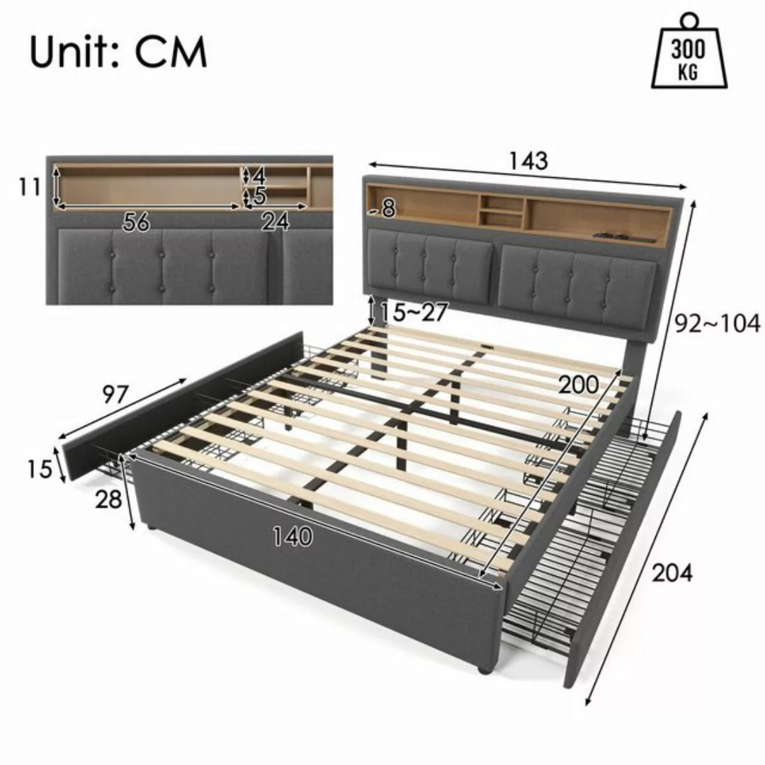 Ulife Polsterbett Doppelbett mit USB/Typ-C Ladefunktion,4 Schubladen, Höhen günstig online kaufen