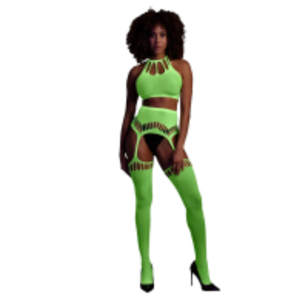 Two Piece with Crop Top and Stockings - One Size - Neon Green günstig online kaufen