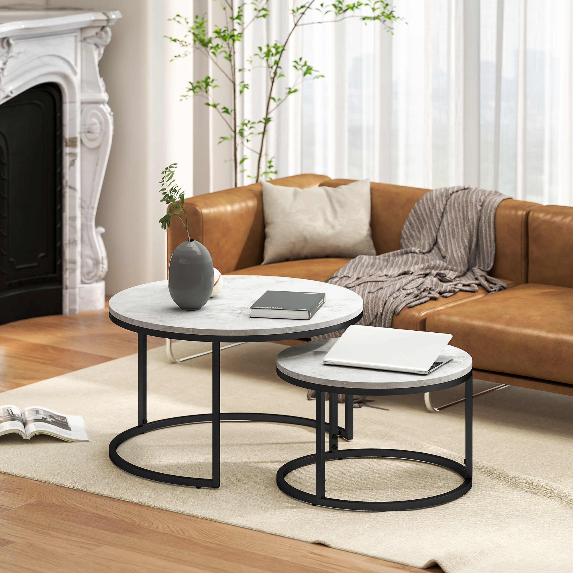 HOMCOM Couchtisch 2er-Set Beistelltisch mit Metallgestell stapelbar Sofatis günstig online kaufen