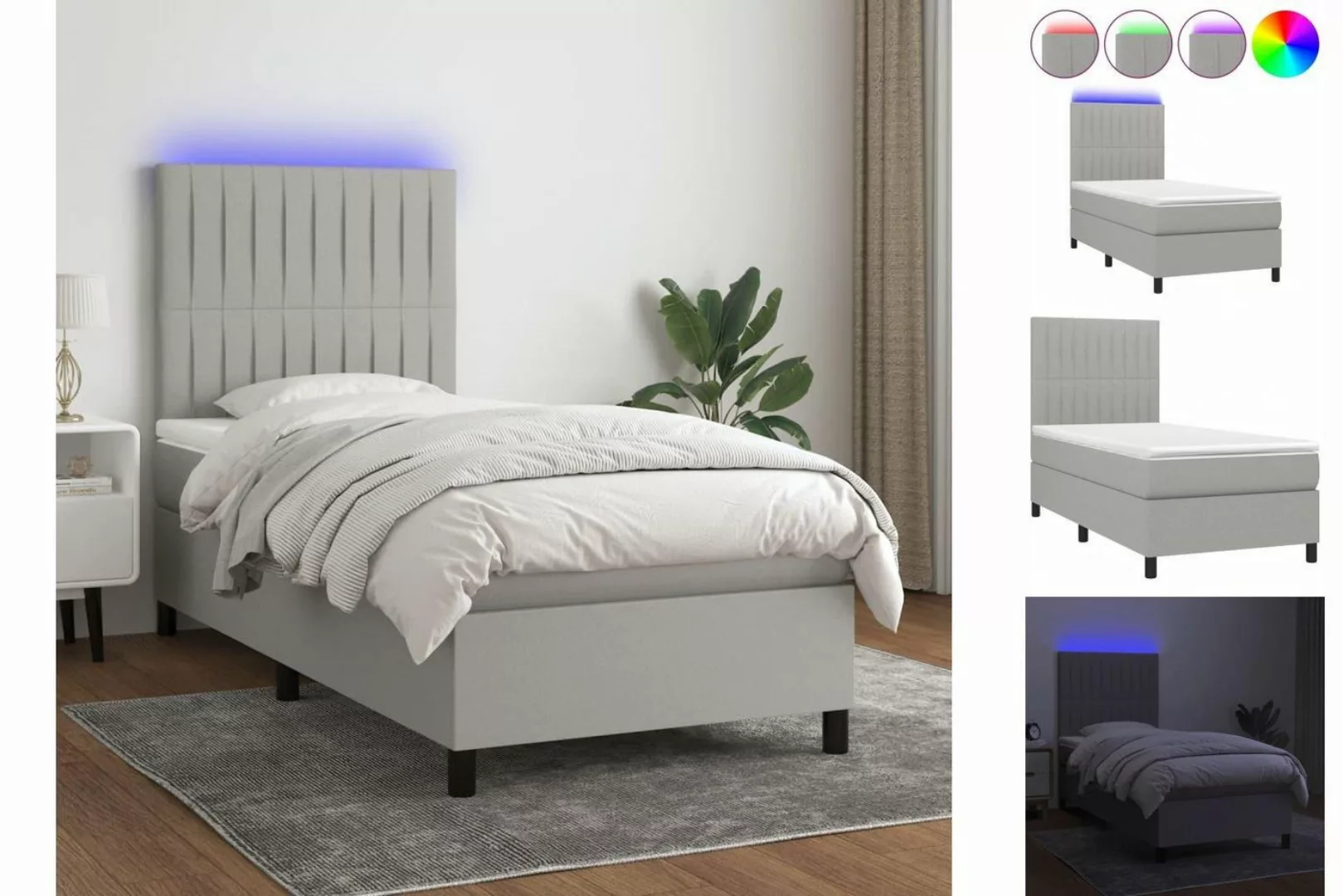 vidaXL Bettgestell Boxspringbett mit Matratze LED Hellgrau 100x200 cm Stoff günstig online kaufen