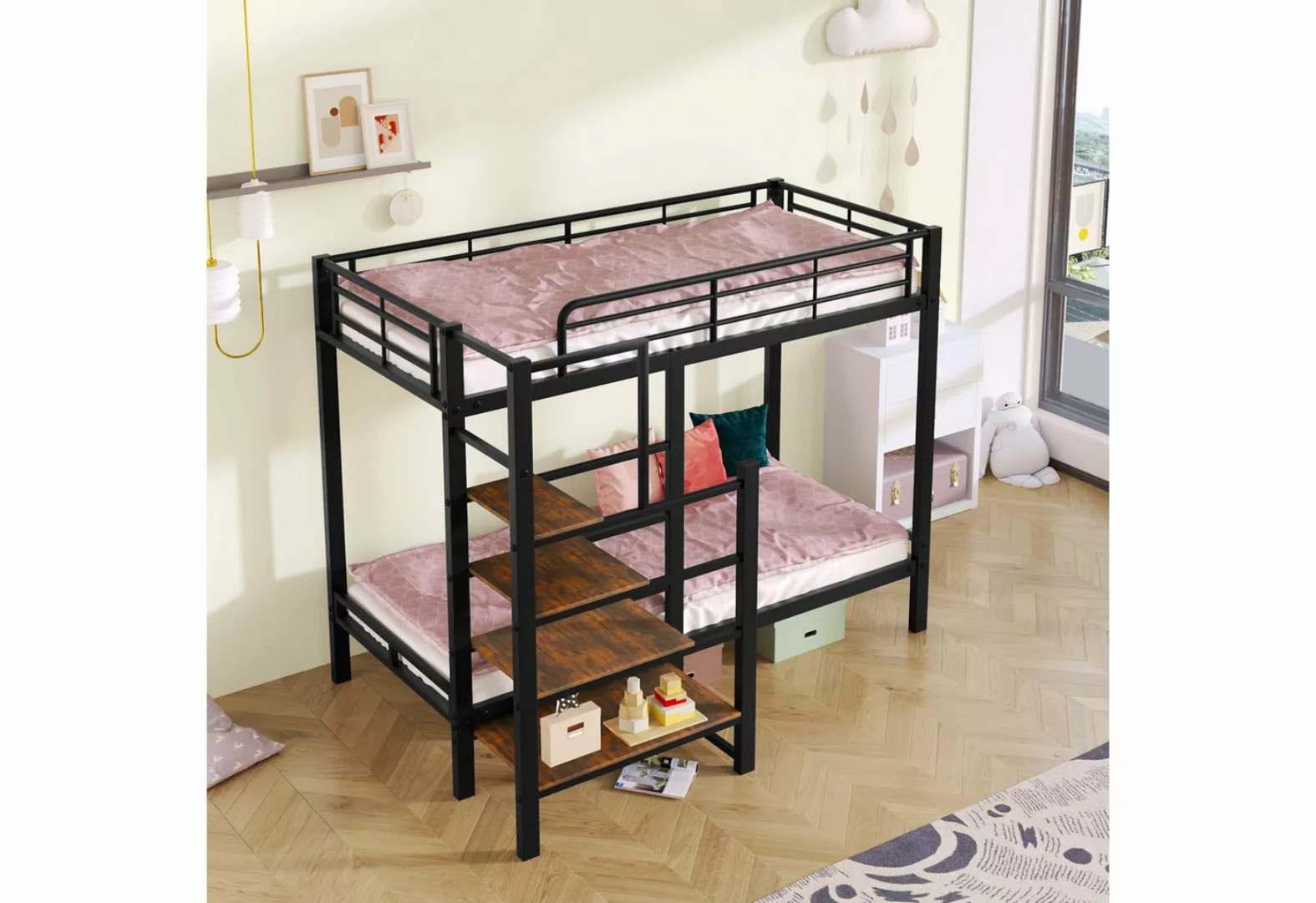 Ulife Etagenbett Metallbett Kinderbett ausgestattet mit Regalen Stufenleite günstig online kaufen