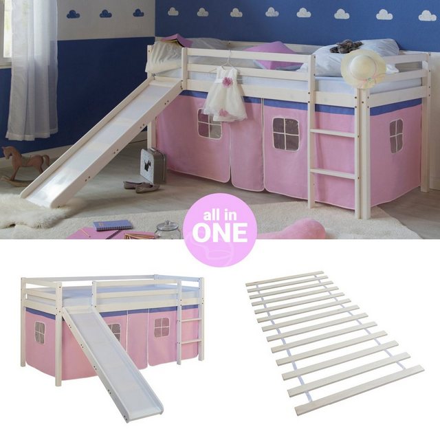 Homestyle4u Hochbett Kinderbett mit Leiter und Vorhang Weiß Rosa Holz Kiefe günstig online kaufen