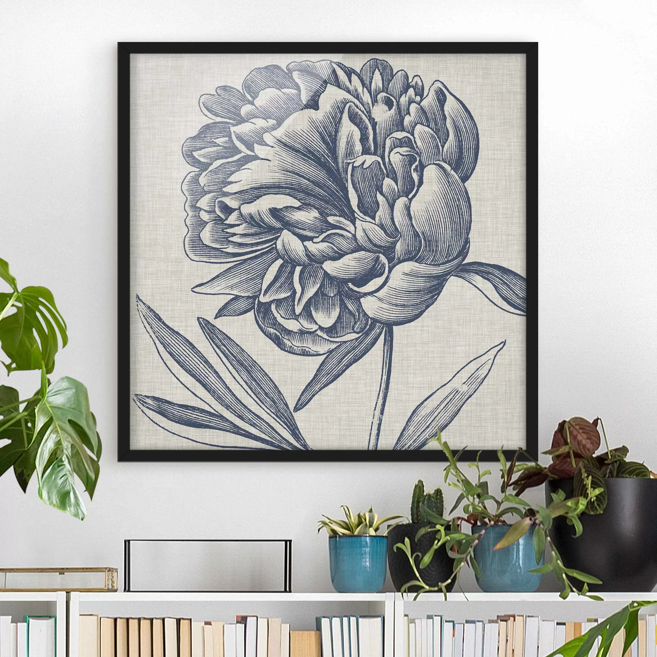 Bild mit Rahmen Blumen - Quadrat Indigo Blüte auf Leinen I günstig online kaufen