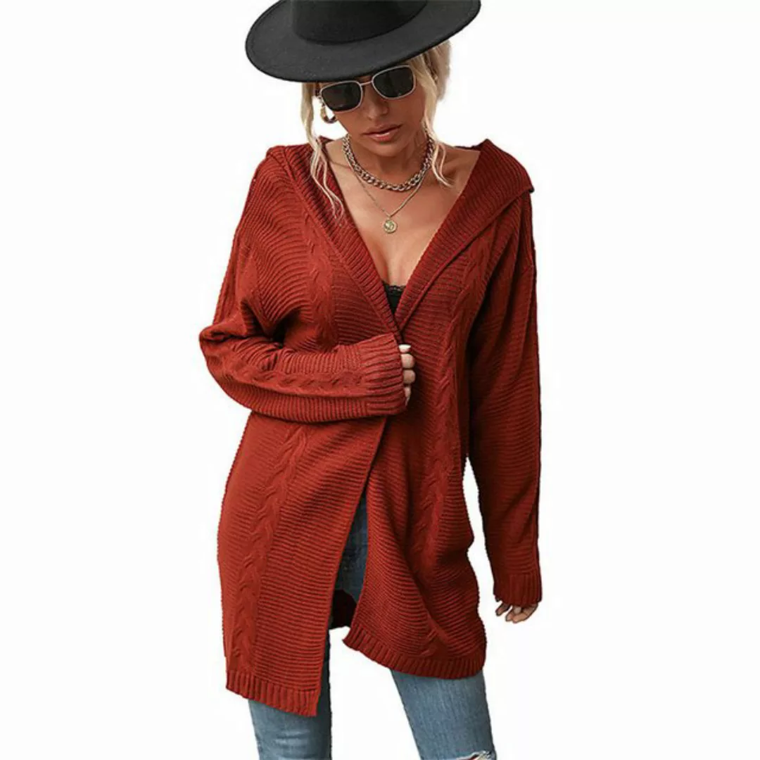 KIKI Strickpullover Damenjacke mit langen Ärmeln, Kapuze und rotem Strickpu günstig online kaufen