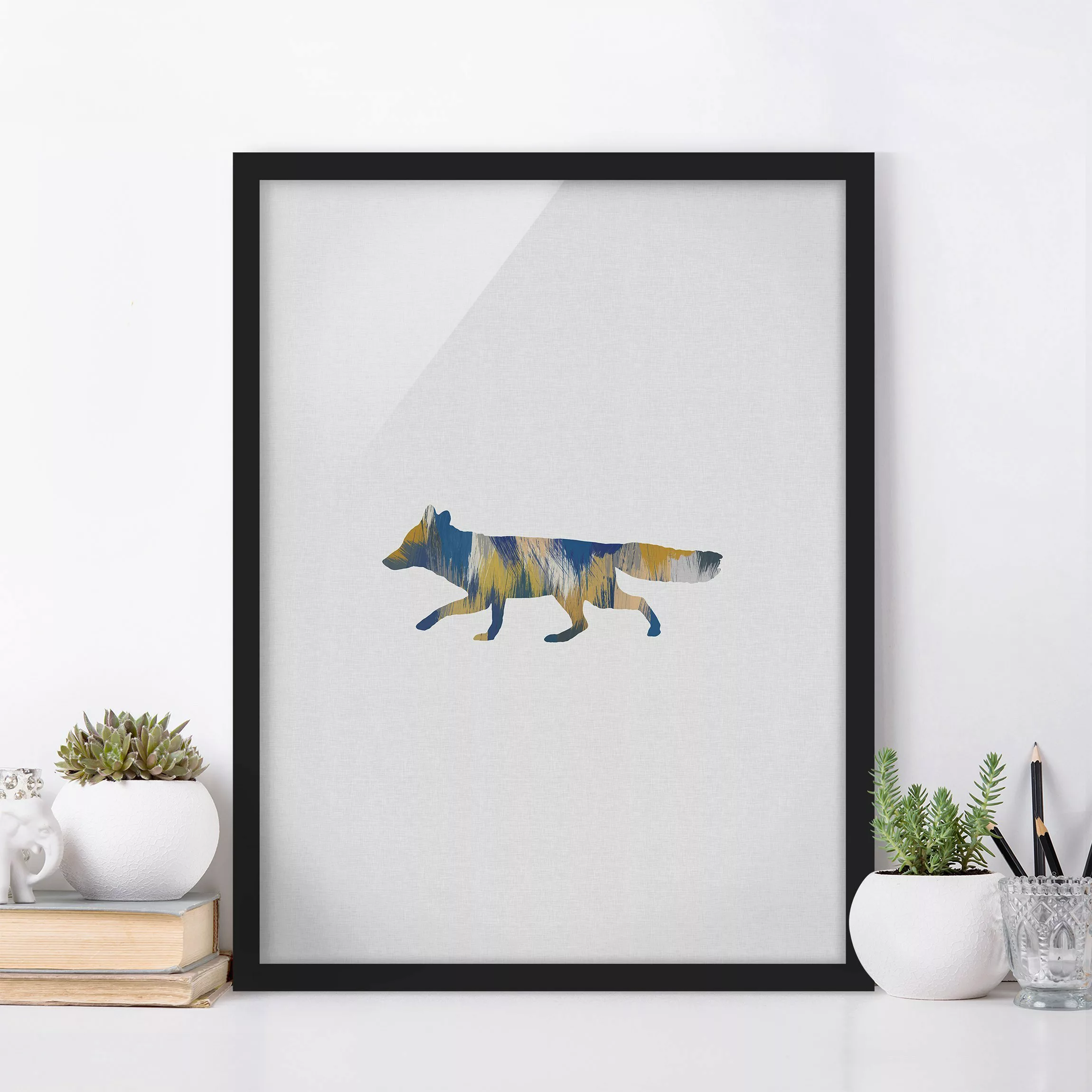 Bild mit Rahmen Fuchs in Blau und Gelb günstig online kaufen