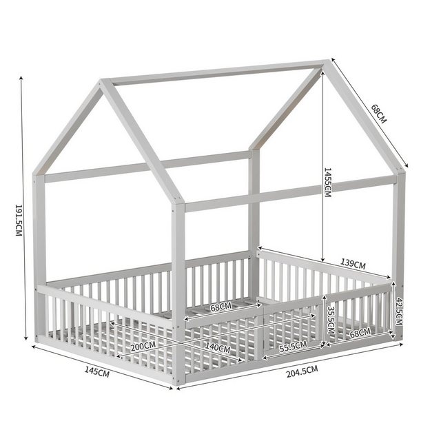 HAUSS SPLOE Kinderbett 140*200cm mit Türchen und Zaun Hausbett aus Kiefer u günstig online kaufen