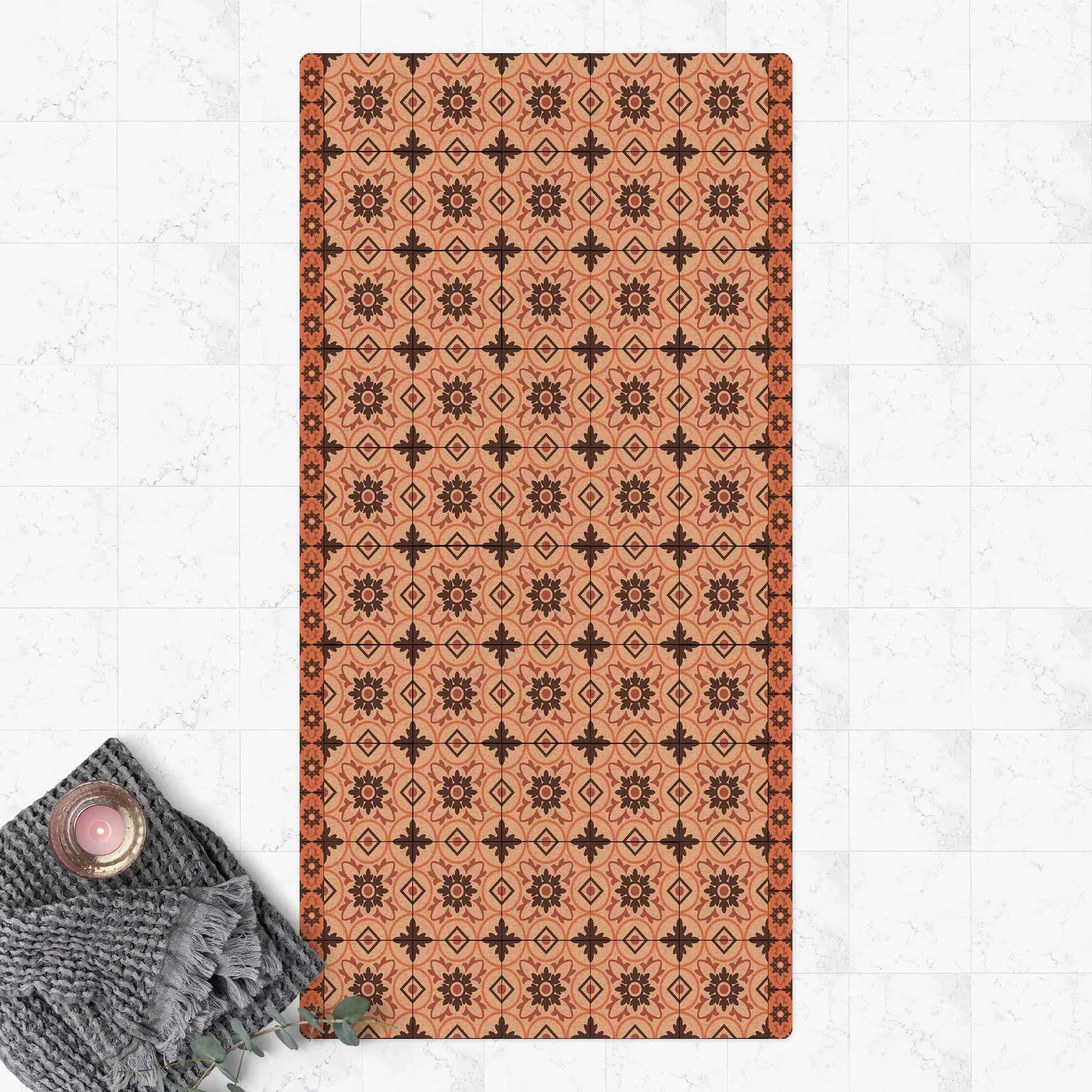 Kork-Teppich Geometrischer Fliesenmix Blume Orange günstig online kaufen