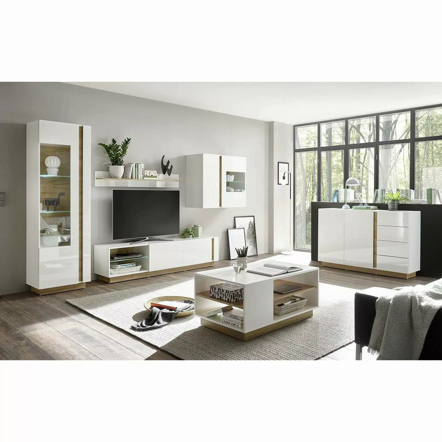 Wohnwand-Set mit Schubkastenkommode und Couchtisch CELLE-61 weiß Glanz mit günstig online kaufen