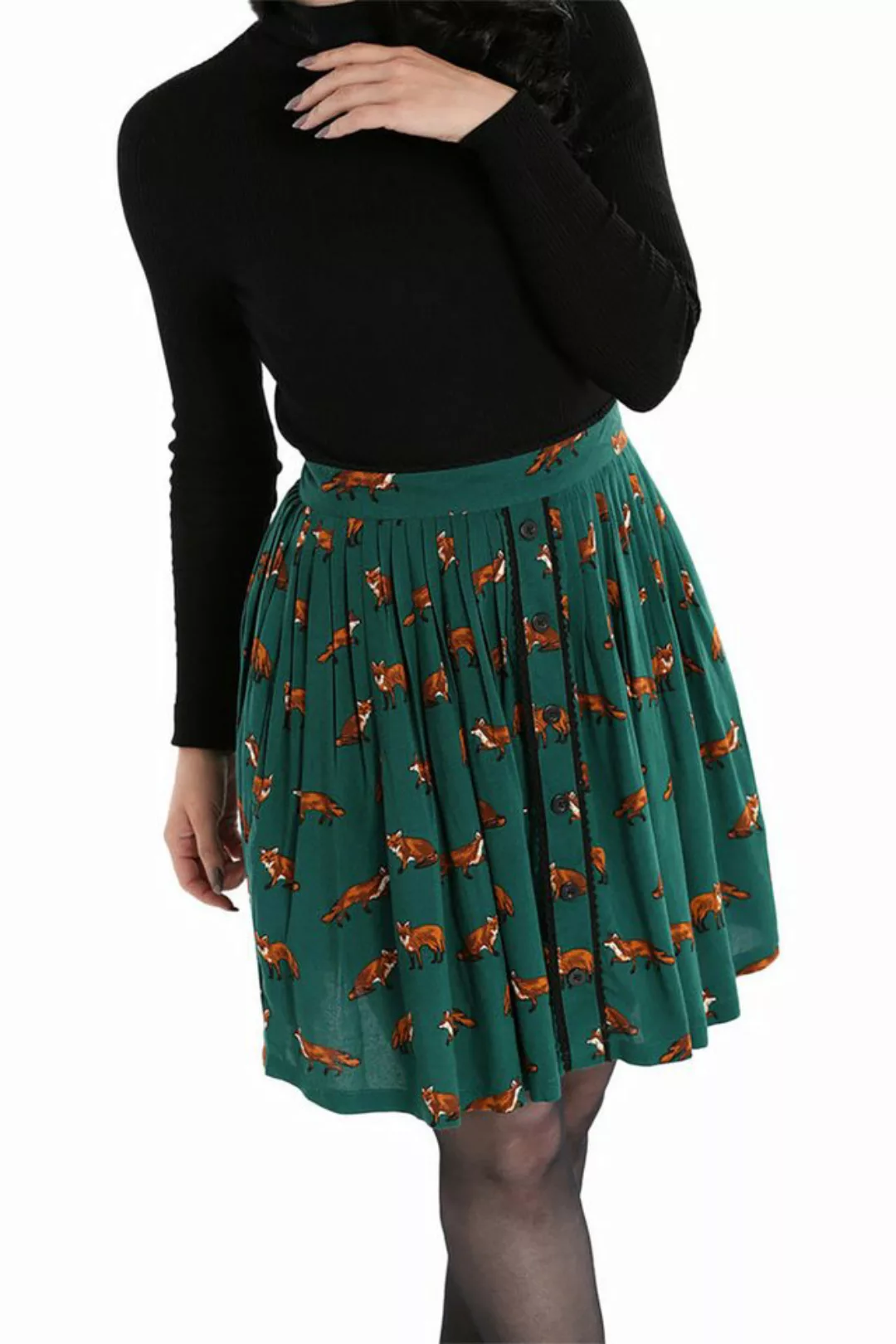 Hell Bunny A-Linien-Rock Vixey Skirt Grün Retro Vintage Swing Fuchs Motiv günstig online kaufen