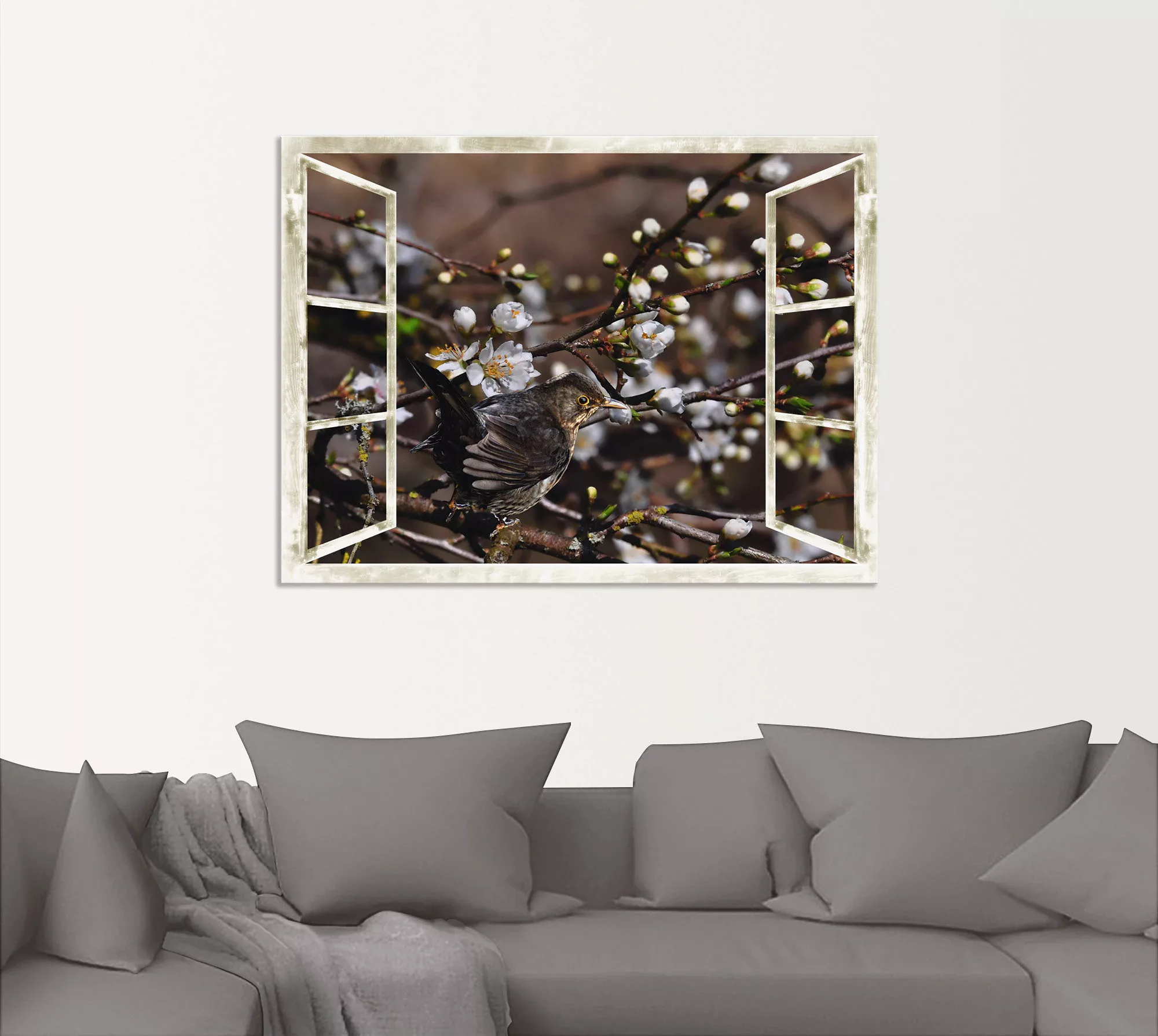 Artland Wandbild »Fensterblick - Kirschblüten mit Amsel«, Vögel, (1 St.), a günstig online kaufen