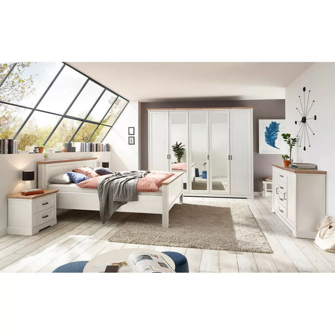 Schlafzimmer Set 5-teilig Bett 180x200cm Pinie weiß mit Eiche JÜLICH-77 günstig online kaufen