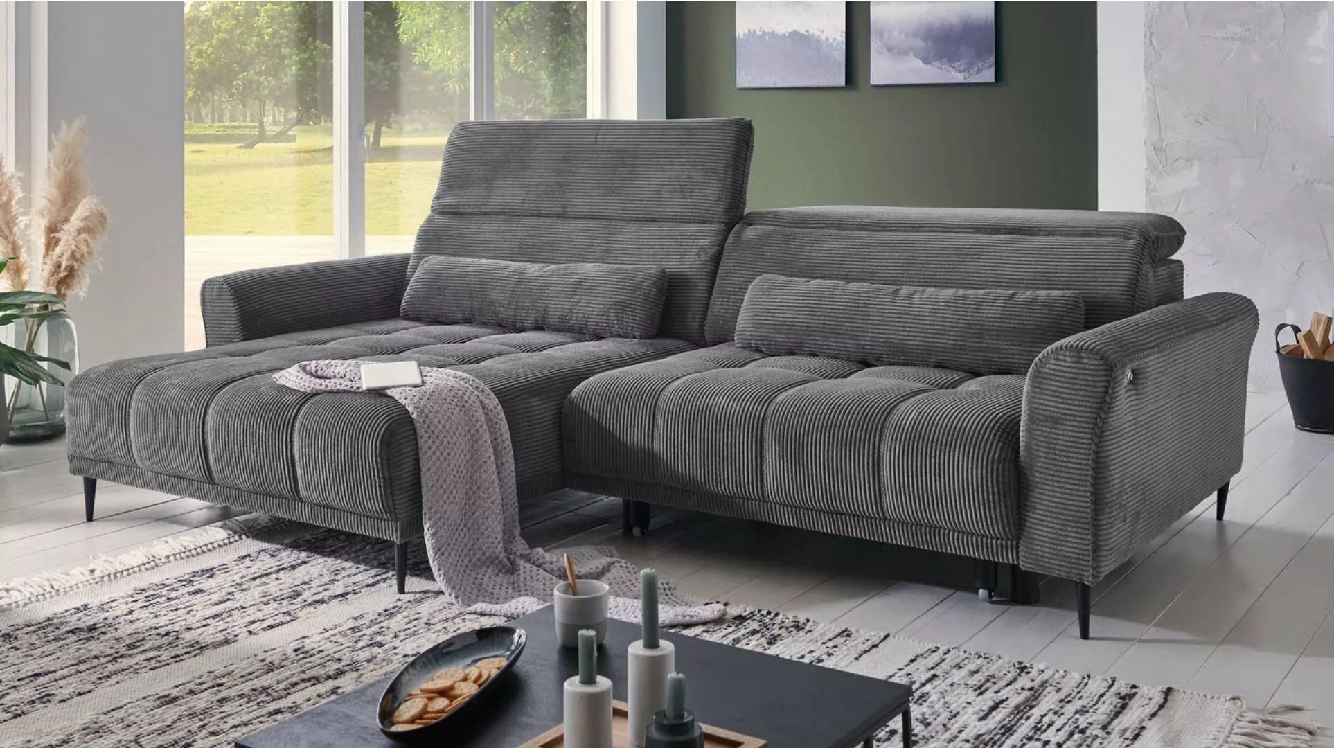 Massivart® Ecksofa LOGAN Cord grau / 277 cm, Cordsofa, Sitztiefenverstellun günstig online kaufen