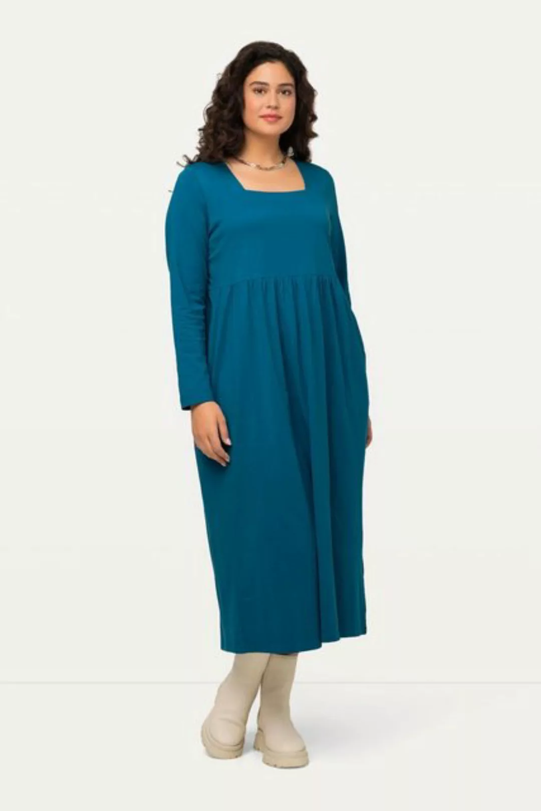 Ulla Popken Sommerkleid Kleid A-Linie Jersey mit Carree-Ausschnitt Langarm günstig online kaufen