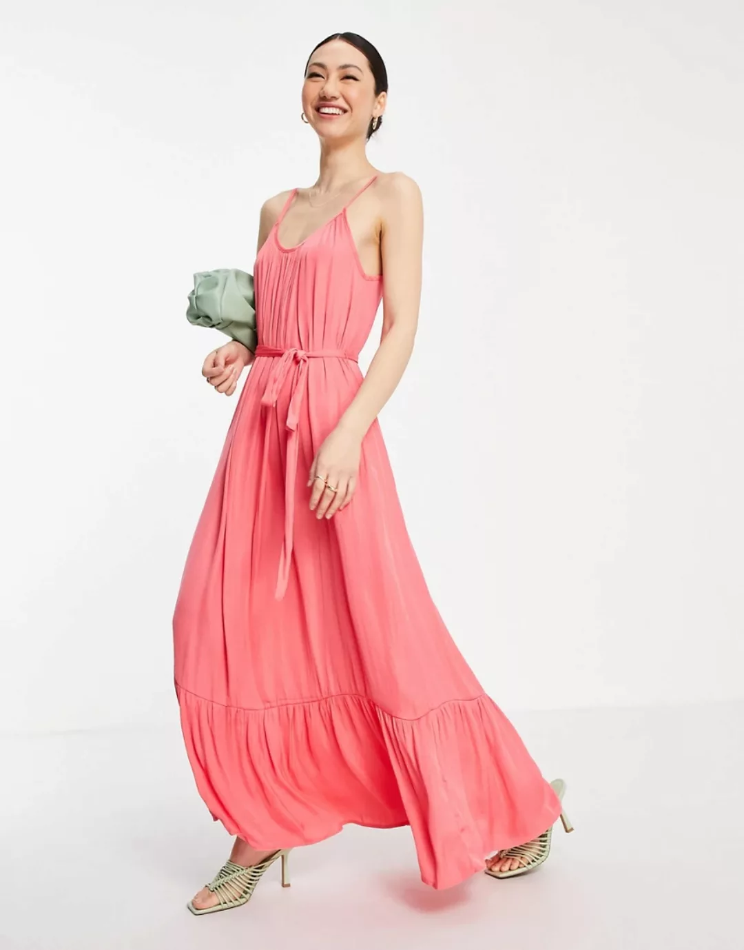 Vila – Satin-Maxikleid mit Trägern in Koralle-Rosa günstig online kaufen