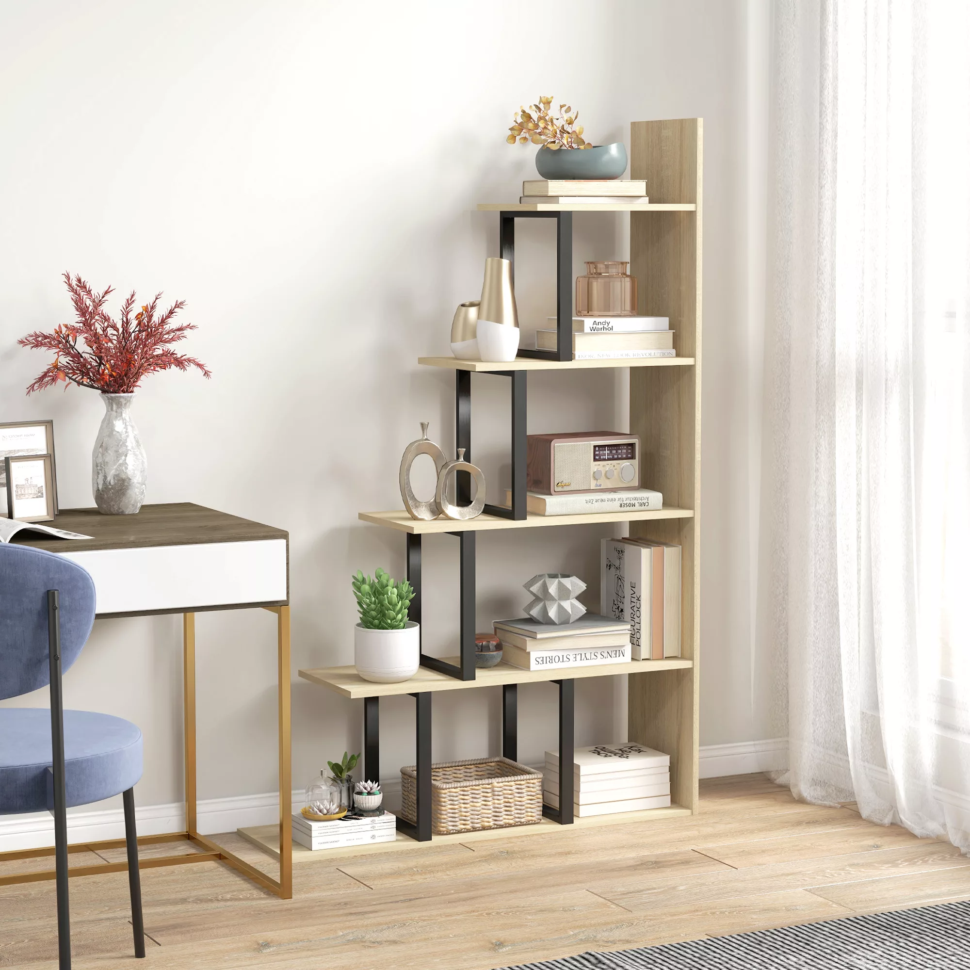 HOMCOM Bücherregal Raumteiler Industriestil in Treppenform 5 Regale 102 x 3 günstig online kaufen