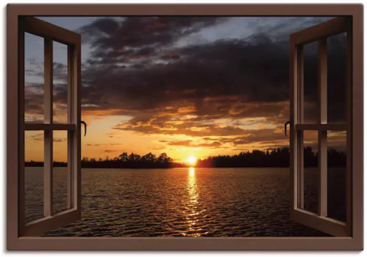 Artland Leinwandbild "Sonnenuntergang am See, braunes Fenster", Seebilder, günstig online kaufen